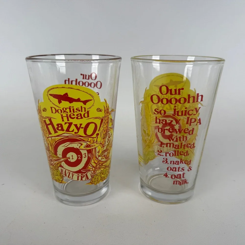 Set of 2 Dogfish Head Hazy-O IPA Beer Pint Glasses Yellow Red Shark Logo